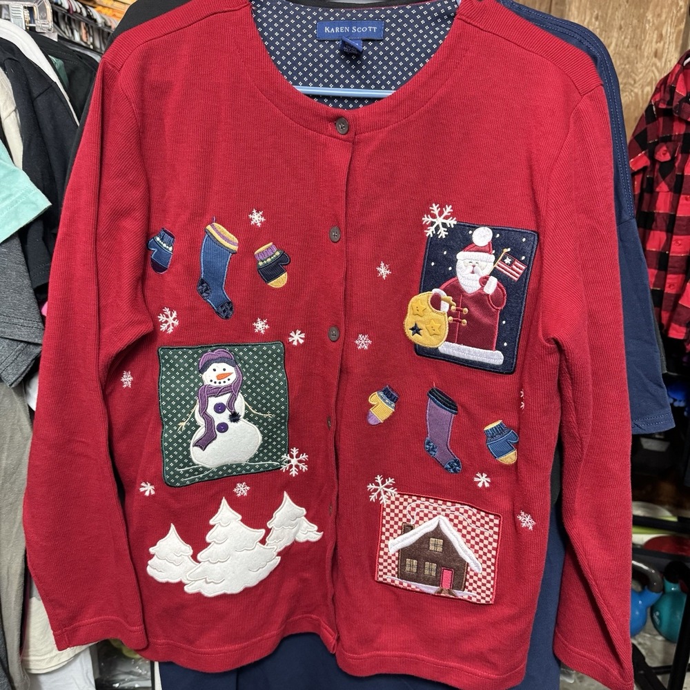 Karen Scott Snowman And Santa Holiday Cardigan Women's Size Medium